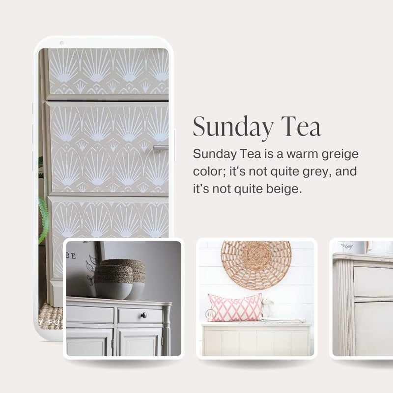 Country Chic Paint كانتري شيك الكل في واحد طلاء طباشيري للأثاث، الخزائن، ديكور المنزل، صديق للبيئة، تشطيب مطفي، مع برايمر وطبقة علوية مدمجة للخشب والمعادن - لا حاجة للشمع (صنداي تي (رمادي دافئ)، عينة (4 أوقية)) - Image 3